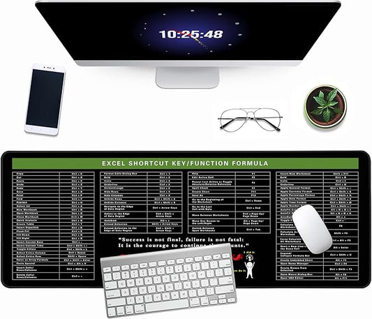 Excel Cheat Sheet Desk Pad, 31.5"x11.8", Waterproof Extra Large Excel Shortcut Mat with Stitched Edges, Anti-Slip Excel Mouse Pad for Office Desk, MS Excel/Word Shortcuts (Green Excel G)