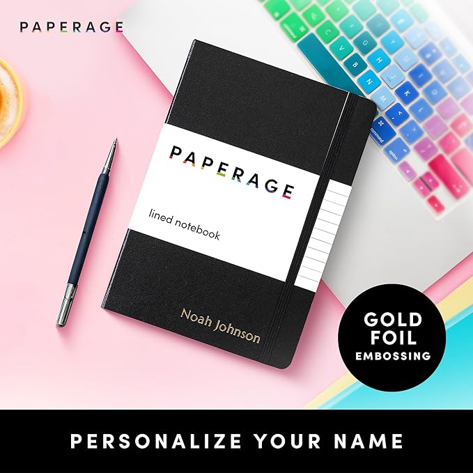 PAPERAGE Personalized Lined Journal Notebook for Writing - Customizable Text in Embossed Metallic Gold Foil, 160 Pages, 100 GSM Thick Paper, Leather Hardcover Diary, 5.7 inches x 8 inches, Black