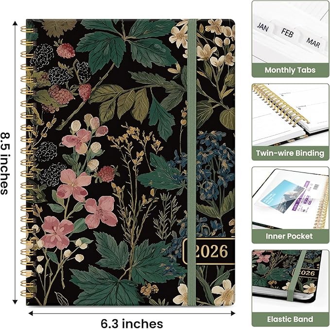2026 Planner, Monthly and Weekly Calendar Planner for Women, January 2026 - December 2026, Hardcover Pretty 2026 Agenda Planner Book with Tabs, Spiral Bound, Perfect for School Office Home Supplies, 6.3" x 8.5" - Forest Botanica
