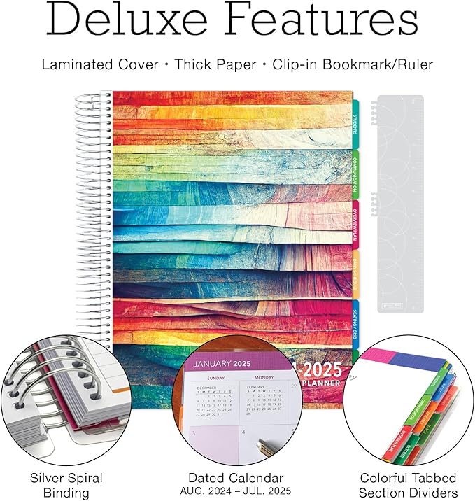 Aug 2024-Jul 2025 Deluxe Teacher Planner Notebook 8.5x11 Daily Weekly Monthly Organizers with 7 Periods, Pocket Folder, Dated Calendar, Page Tabs, Bookmark and Planning Stickers (Rainbow Oak)