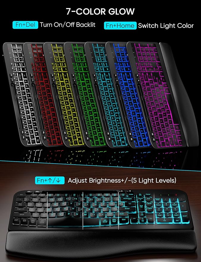 SABLUTE Wireless Keyboard and Mouse Combo - Ergonomic Wave Keyboard with Soft Leather Wrist Rest, Phone Holder, Rechargeable, RGB Backlit Mouse, Full-Size Set for Windows/Mac/Computer (Black)