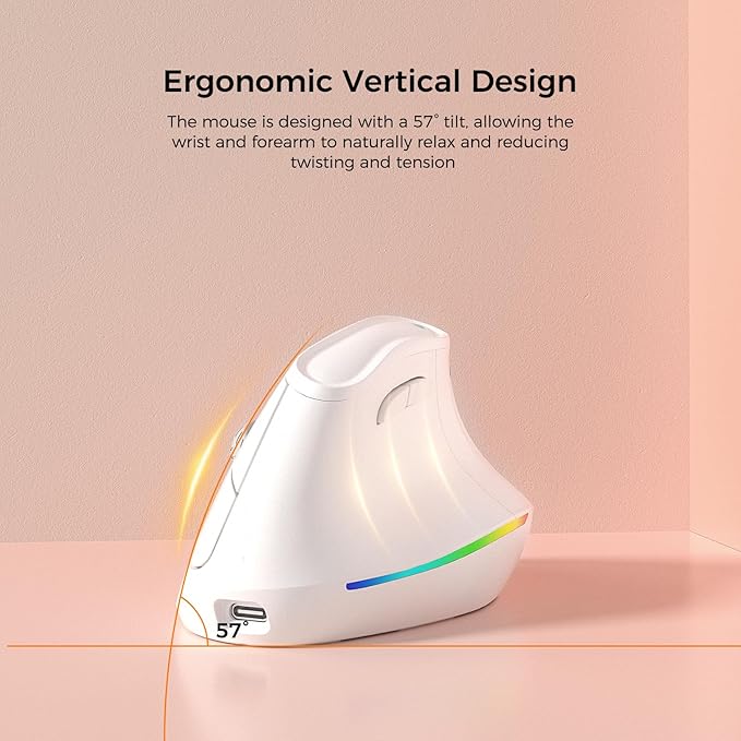 57° Wireless Ergonomic Mouse, Vertical Mouse, Carpal Tunnel Mouse, RGB Light, Rechargeable, Bluetooth & 2.4G, 5-level DPI Adjustment, Quiet Click Ergo Mice Compatible with PC, Laptop, Mac, White