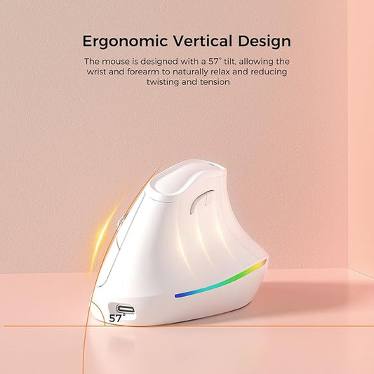 57° Wireless Ergonomic Mouse, Vertical Mouse, Carpal Tunnel Mouse, RGB Light, Rechargeable, Bluetooth & 2.4G, 5-level DPI Adjustment, Quiet Click Ergo Mice Compatible with PC, Laptop, Mac, White
