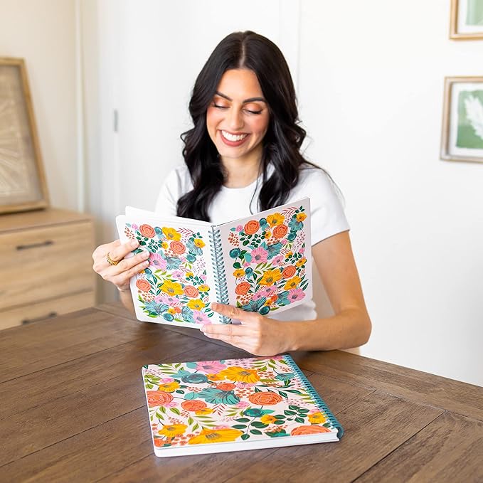 Steel Mill & Co Cute Large Spiral Notebook College Ruled, 11" x 9.5" with Durable Hardcover and 160 Lined Pages, Garden Blooms (Cream)