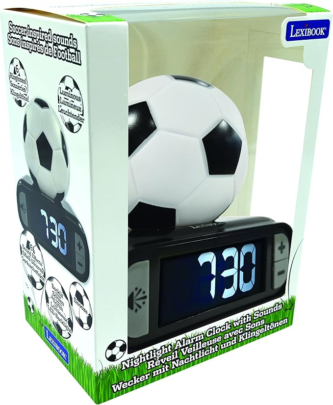 LEXiBOOK - Soccer Ball Digital Alarm Clock with Night Light Snooze, Clock, Luminous Soccer Ball, Black Colour - RL800FO