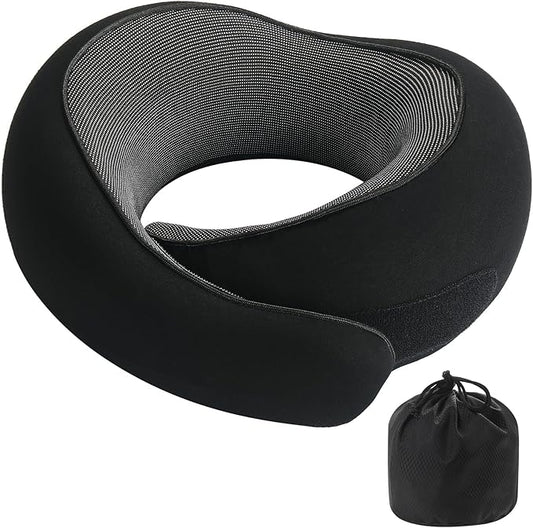 Badink®l Memory Foam Neck Travel Pillow, Neck Pillow Airplane with MagicStrap – Adjustable Ergonomic Travel Pillow for Office/Airplane/Car, Washable Cover, Portable Cervical Support （Black）