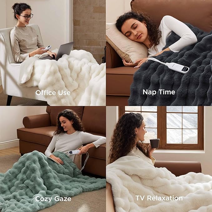Bedsure Fluffy Bubble Faux Fur Heated Blanket Throw - Super Soft Electric Blanket, Heating with 6 Heating Levels, 4 Time Settings, 3-Hour Auto-Off, Decor Gifts for Home, White, 50x60 inches