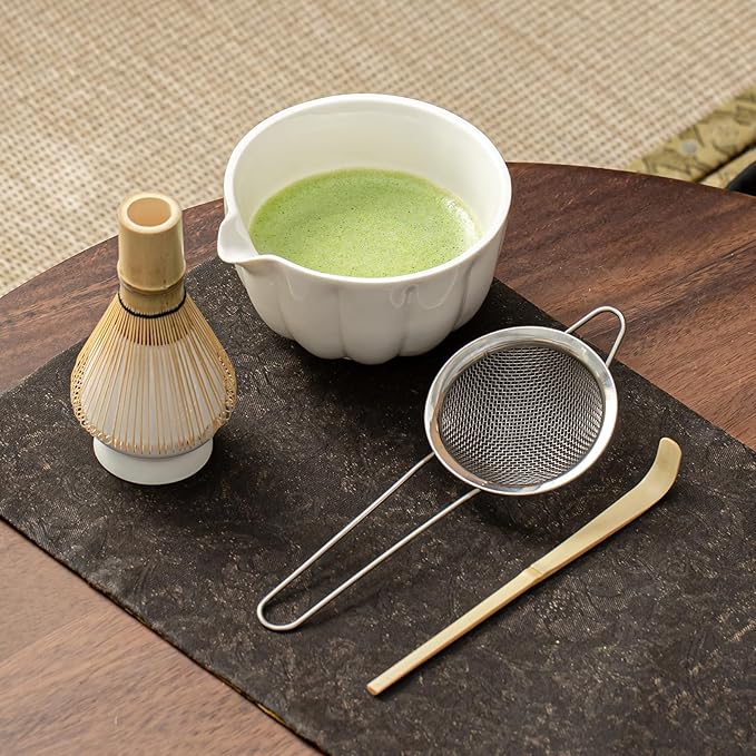 Matcha Whisk Set, Matcha Set Includes Ceramic Matcha Bowl, Bamboo Whisk, Scoop, Chasen Holder, Sifter, 5 Pcs Perfect Matcha Kit for Macha Lover (Pearl White)