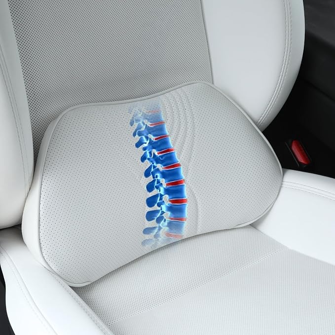 Lumbar Support Pillow for Car Seat, Office Chair Leather Memory Foam Lower Back Cushion for Back Pain Relief Improve Posture, Ergonomic Back Rest for Gaming Chair, White, 1PC