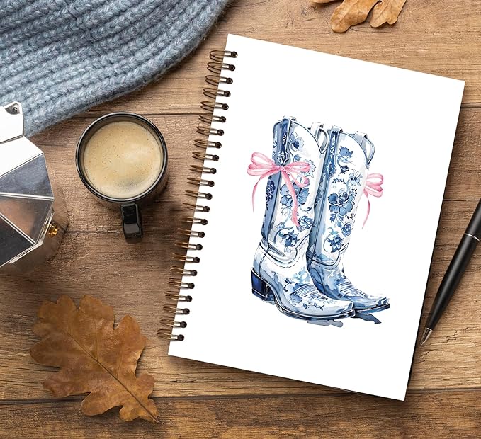 Chinoiserie Blue Notebook Journal,Blue Floral Cowgirl Boots Preppy Aesthetic Journal Notebook for Note Taking, Cowgirl Stuff, Cowgirl Gifts,Blue Office Supplies, piral Notebook 5.5x8.3 Inch