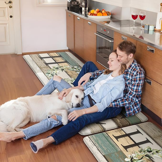 KIMODE Anti Fatigue Kitchen Mats for Floor 2 Piece, Non Slip Waterproof Kitchen Rugs, Cushioned Kitchen Floor Mats, Comfort Standing Mat for Sink, Laundry, Office, Desk Colorful 20"x47"+20"x32"