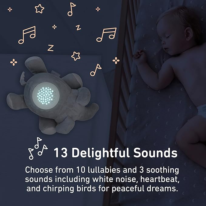 PureBaby Sound Sleepers Portable Sound Machine & Star Projector - Plush Sleep Aid for Baby and Toddlers with Soothing Night Light Display, 10 Lullabies, White Noise, and Heartbeat Sounds (Elephant)
