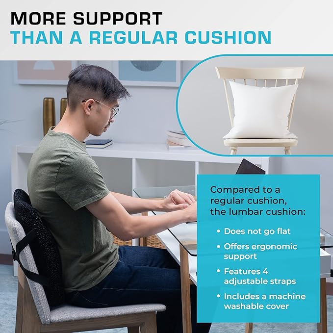Xtreme Comforts Lumbar Back Support Pillow for Office Chair Cushion, House Chair Cushions, & Car Truck Seat - Memory Foam Office Chair Back Support w/Adjustable Strap - Help Improve Sitting Posture