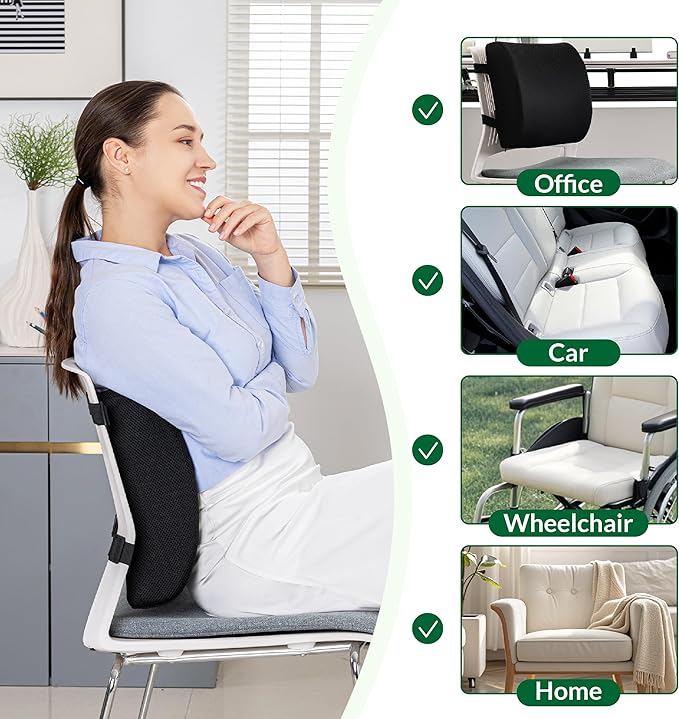Lumbar Support Pillow for Office Chair Car Seat,Charcoal Memory Foam Chair Back Cushion for Back Pain Relief with Double Adjustable Straps