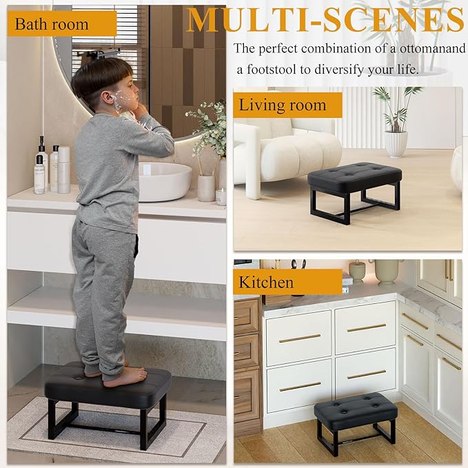 Small Ottoman，Foot Rest Stool,Leather Step Stool for Under Desk,Rectangular Shoe Seat for Living Room, Bedroom and Kitchen, Couch, Entryway(Black) (Leather, 1)