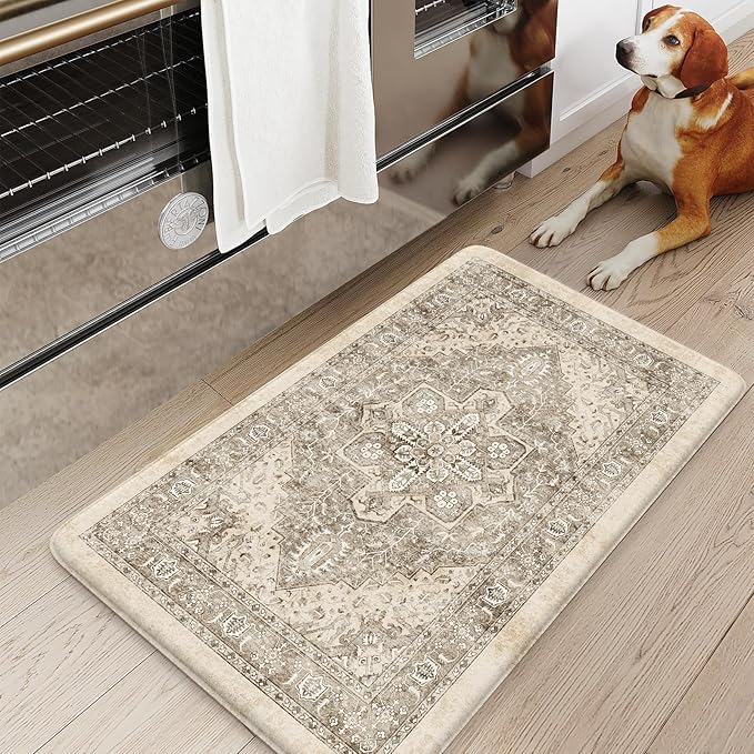 KIMODE Anti Fatigue Kitchen Mat for Floor, Boho Vintage Kitchen Rug, Non Slip Waterproof Kitchen Floor Mat, Ergonomic Cushioned Standing Mat for Sink, Laundry, Desk Khaki 17.3"x29"