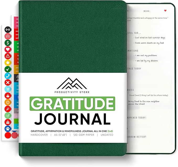 PRODUCTIVITY STORE Gratitude & Self-Care Journal - Guided Mindfulness & Mental Health Journal All-in-One with Prompts for Self Discovery - Daily Journal for Men & Women (A5, Green)