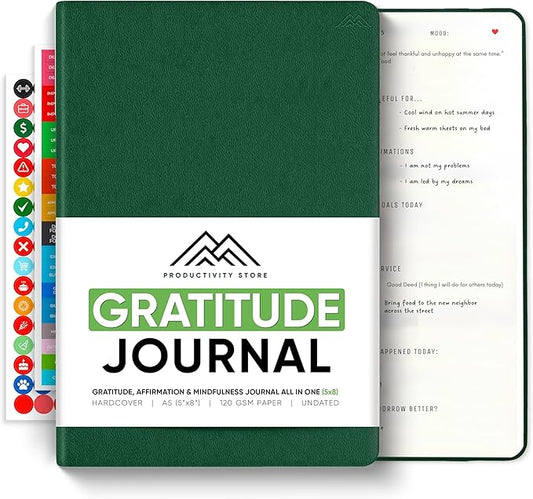 PRODUCTIVITY STORE Gratitude & Self-Care Journal - Guided Mindfulness & Mental Health Journal All-in-One with Prompts for Self Discovery - Daily Journal for Men & Women (A5, Green)
