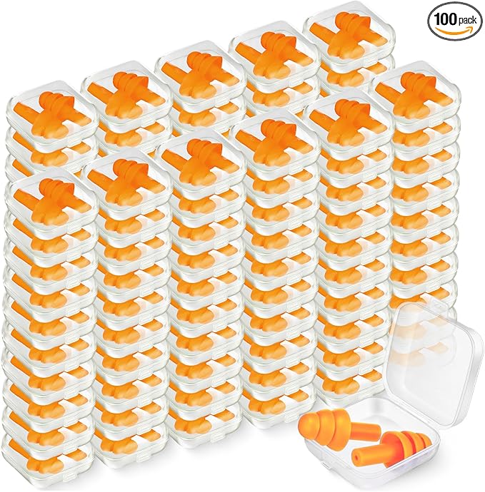 TrelaCo 100 Pairs Ear Plugs Bulk, NRR 29dB Reusable Silicone Ear Plugs with Plastic Cases Soft Foam for Sleeping Noise Cancelling for Concerts Shooting Swimming Noise Reduction(Orange)