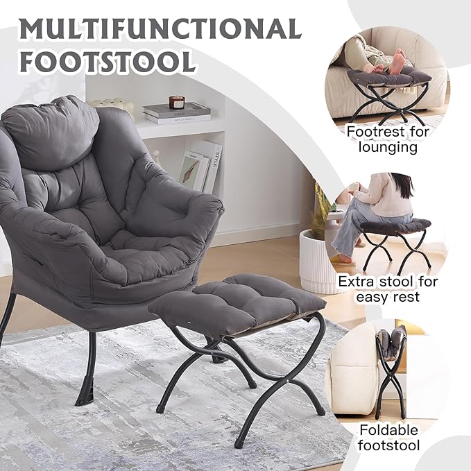 Welnow Folding Foot Stool, Upholstered Small Accent Ottoman with Detachable Thick Cotton Cushion Padded Sofa Stool and Metal Frame for Lazy Chair, Living Room, Bedroom, Dark Grey