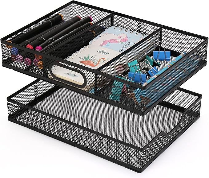 Office Drawer Organizer 2 Pack, Metal Mesh Set - Large Kitchen Drawer Organizer Tray, Adjustable Under Desk Storage for Papers, Office Supplies(Black)
