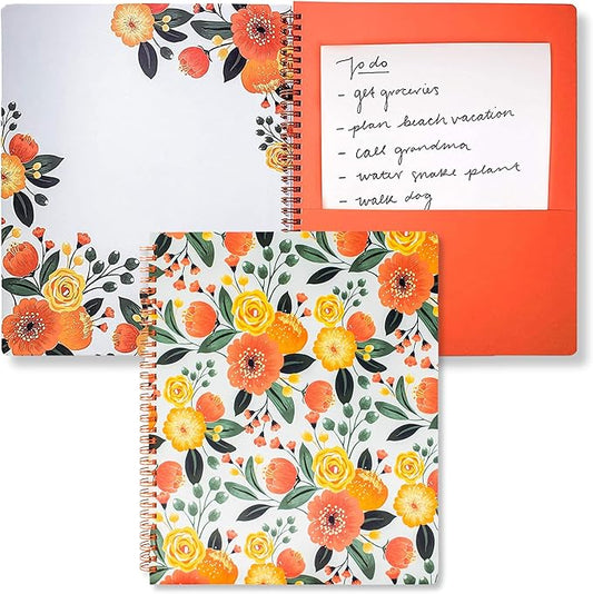 Steel Mill & Co Cute Large Spiral Notebook College Ruled, 11" x 9.5" with Durable Hardcover and 160 Lined Pages, Orange Floral