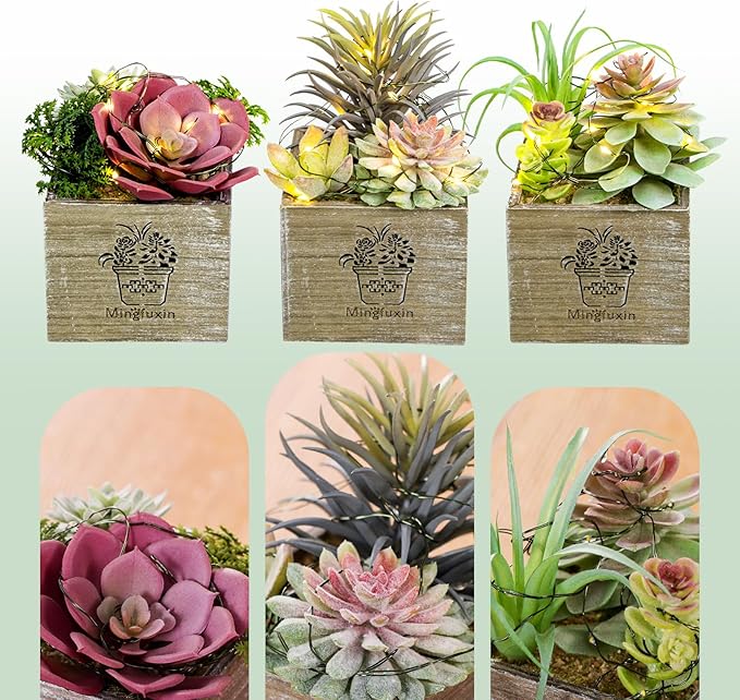 Small Fake Plants, 3 Packs Mini Succulent Plants Artificial with Led Lights for Indoor Bathroom Bedroom Desk Office Decor