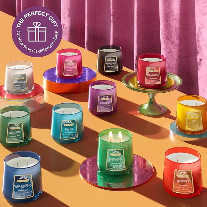 Candle-Lite Vibes Woody Floramber Mood-Enhancing Scented Candles, 15 oz Jar, Aromatherapy, Proudly Poured in The USA, 2-Wick, 86 Hours Burn Time, Perfect Relaxation Gift