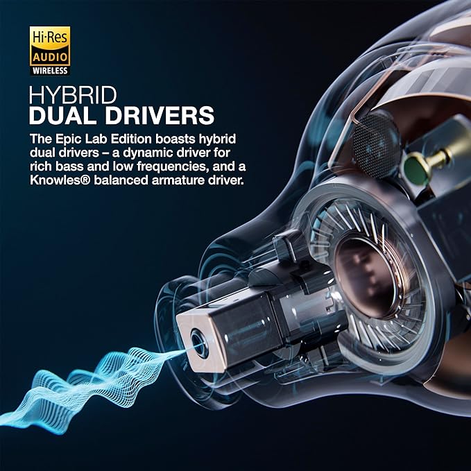 JLab Epic Lab Edition True Wireless Earbuds, Hybrid Dual Drivers, Spatial Audio, Multipoint BT, Wireless or USB-C Charging, Wear Detect Auto Play/Pause, Google Fast Pair