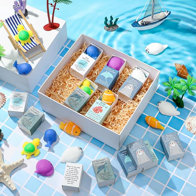 Wettarn 25 Sets Sea Animal Positive Gifts Cute Stress Balls with Support Gift Boxes Inspirational Party Favors for Employee Coworker Friends Office Appreciation Relief Toys
