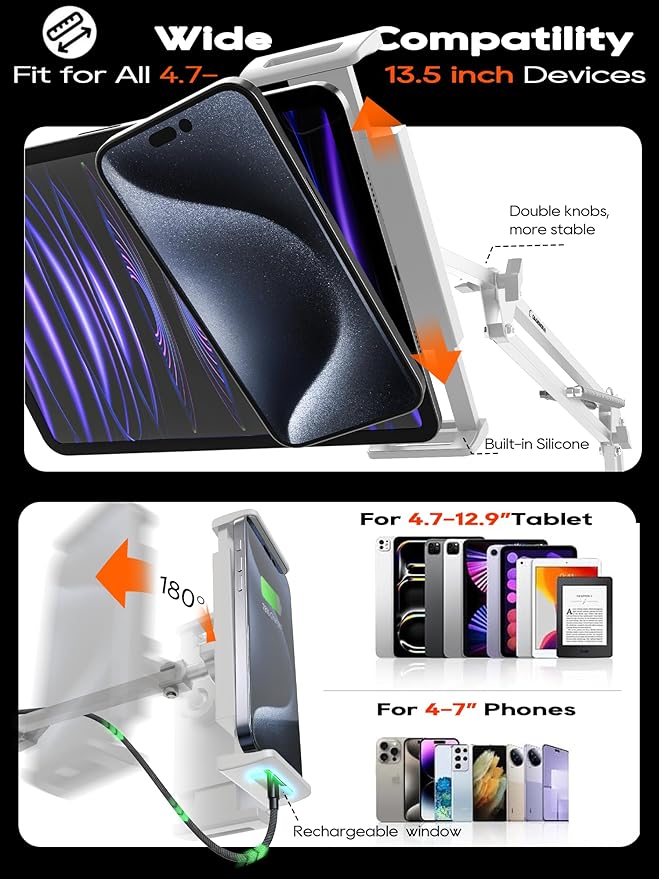 Tablet Stand, Tablet Mount Adjustable with Clamp for Round tube, Universal Flexible Tablet Holder with 360 Degree Rotation for iPad/iPhone/iPad Pro/N-Switch,or Other 4.5~13.5 Inches Devices (White)