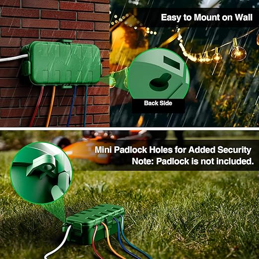 RESTMO Outdoor Electrical Box, IP54 Weatherproof Extension Cord Cover with 6 Cable Entry Ports, Waterproof Connection Box Protect Power Strip, Timer, Plug, Holiday Lights, (11.5x5.2x4 inch), Green