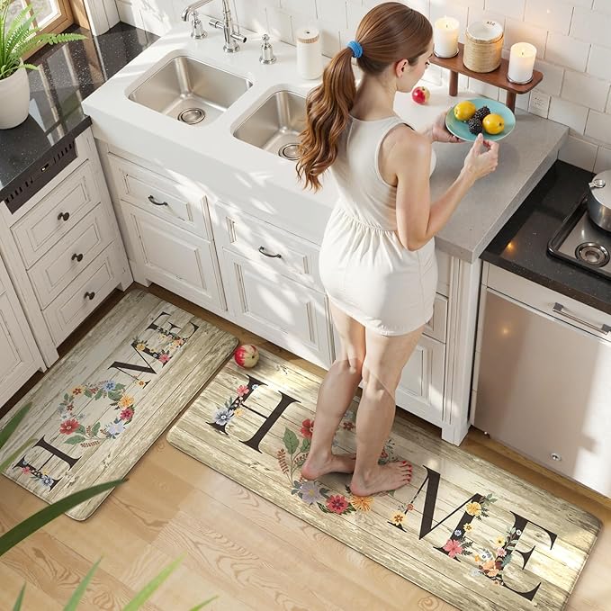 KIMODE Anti Fatigue Kitchen Mats for Floor 2 Piece,Farmhouse Floral Rugs Cushioned,Comfort Memory Foam Carpet Non Slip for Sink Laundry Office Bathroom,Beige 17"x47"+17"x29"