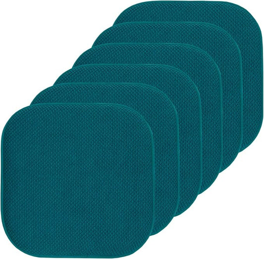 Sweet Home Collection Chair Cushion Memory Foam Pads Honeycomb Pattern Slip Non Skid Rubber Back Rounded Square 16" x 16" Seat Cover, 6 Pack, Peacock Blue