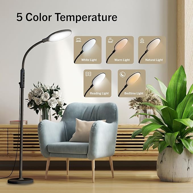 PRIMETEK Happy Lamp10000 Lux Mood Lamp, Dual Control Remote,Touch Screen Sad Lamp, Adjustable LED Floor Lamp, UV-Free Sun Light, 5 Color Temperatures 10 Brightness Levels (Black)