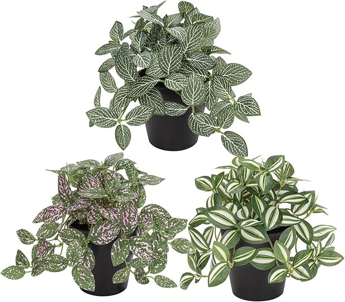 Hollyone Fake Plants 3 Packs Artificial Plants Indoor Faux Plants with Black Plastic Pot Small Fake Potted Plant for Home Aesthetic Living Room Bathroom Desk Shelf Office Decor