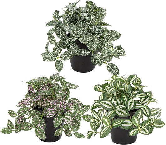 Hollyone Fake Plants 3 Packs Artificial Plants Indoor Faux Plants with Black Plastic Pot Small Fake Potted Plant for Home Aesthetic Living Room Bathroom Desk Shelf Office Decor