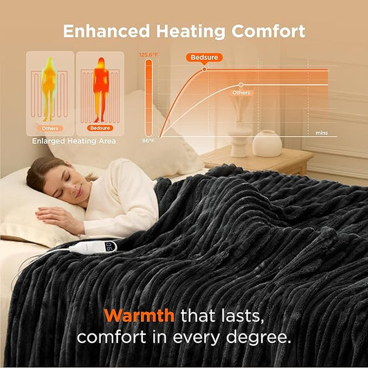 Bedsure Electric Blanket Full Size - Thick Striped Flannel Heated Blanket with 6 Heat Settings, 10 Time Settings, 8-Hour Timer Auto Shut Off, Gifts for Grandma (72x84 inches, Black)
