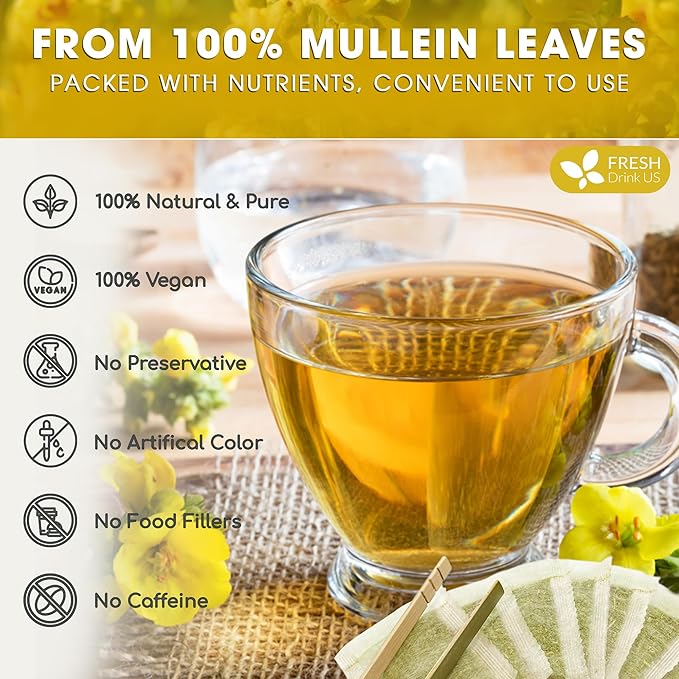 FreshDrinkUS, Premium 10 Mullein Leaf Tea Bags For Lungs, 100% Natural & Pure from Mullein Leaves. Loose Leaf Mullein Herbal Tea. Made with Natural Material Tea Bags. No Sugar, No Caffeine, No Gluten, Vegan.