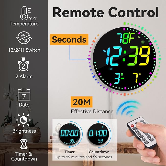 Kasbin 12 Inch Large Digital Wall Clock with Remote Control, RGB Color, Alarm, Timer, Date, Temperature, LED Display for Classroom, Living Room, Bedroom, Gift for Elderly (Black Mirror, 12")