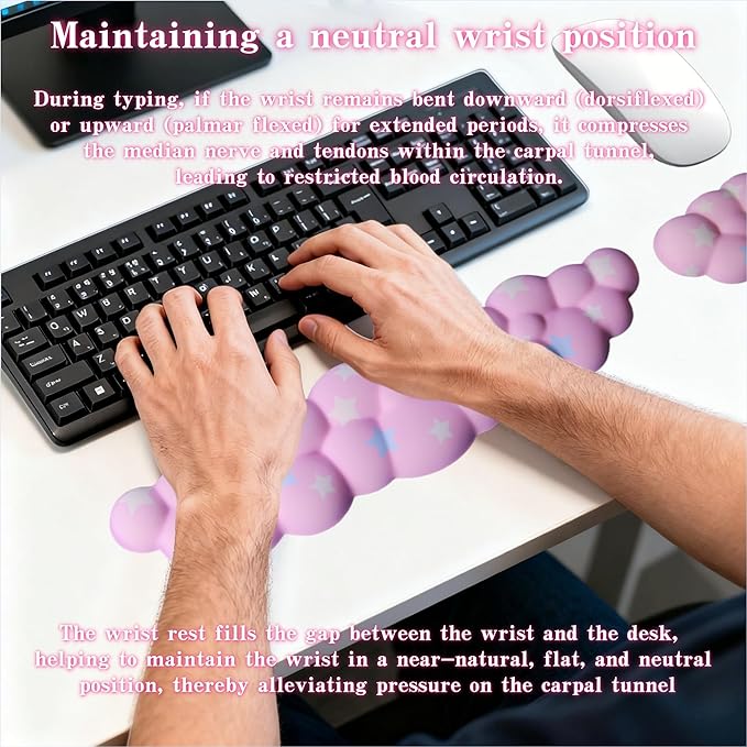 Cloud Wrist Rest Set for Keyboard and Mouse, Includes Cute Coaster, with Computers and Laptops (Pink Colorful Star Set)