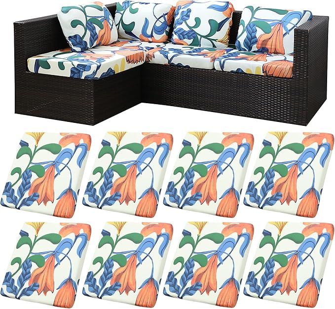 8Pcs Stretch Patio Cushion Covers, Outdoor Couch Covers Replacement,Outdoor Couch & Sofa Slipcovers,for Patio Furniture Cushion Covers,Washable Reusable Furniture Protector (Print,Cover Only)