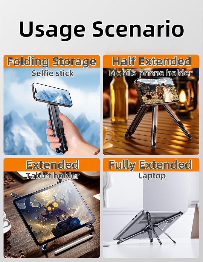 3-in-1 Folding Aluminum Alloy Laptop Stand, Height Adjustable Ergonomic Computer Riser Holder for Phone/Tablets/Computers, Portable Notebook Mount for Desk