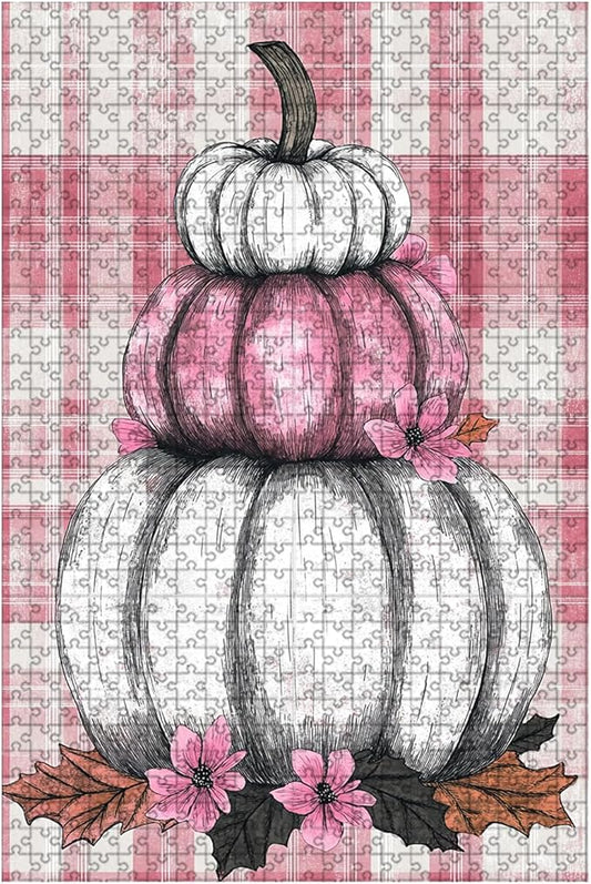 500 Piece Wooden Puzzle Fall Pink White Pumpkin Adults Funny Challenge for Stress Relief & Entertainment Kids Family Challenging Jigsaw 20.4x15 Inch
