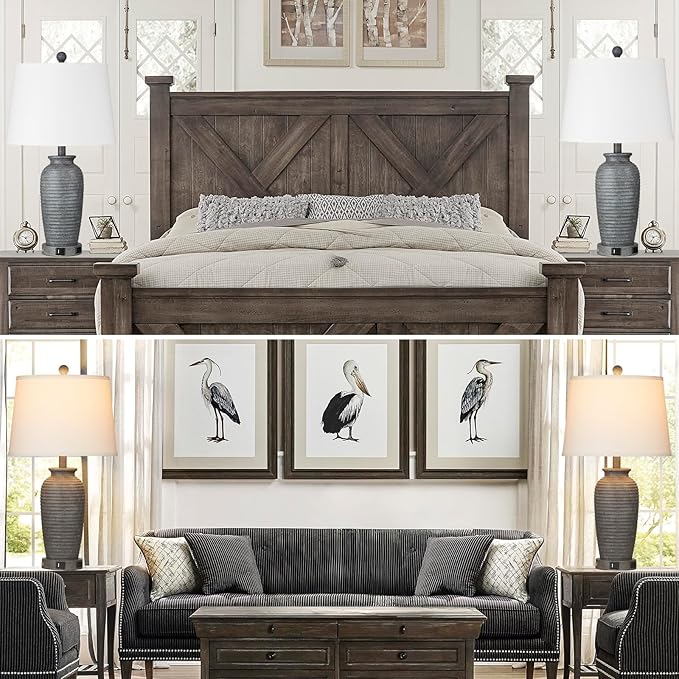 25" Farmhouse Jar Table Lamps, 3 Way Touch Control Rustic Bedside Lamps with USB A+C Ports & AC Outlet, Pot Nightstand Lamps for Bedroom Living Room (LED Bulbs Included)