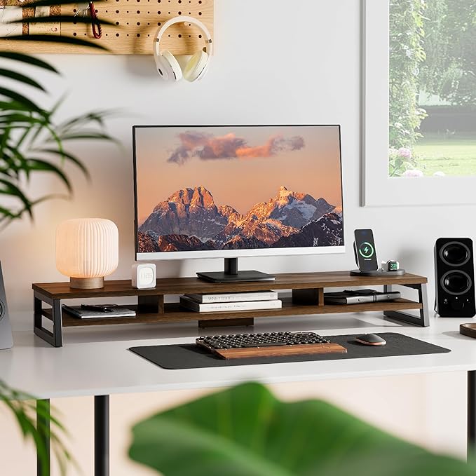 Fenge Dual Monitor Stand for Desk, 42.5in Large Monitor Riser for 2 Monitors, 2 Tier Computer Office Desk Top Shelf, Desktop Storage Stand for Laptop, PC, Computer, Printer