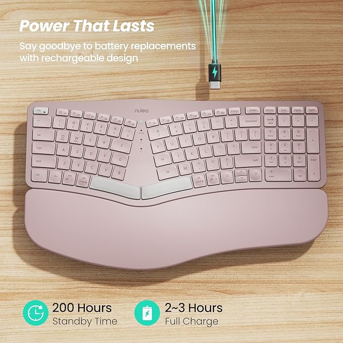 Nulea Wireless Ergonomic Keyboard, Split Keyboard with Cushioned Wrist Rest, Bluetooth and USB Connectivity, USB-C Rechargeable, Compatible with Windows Mac (Grey Pink)