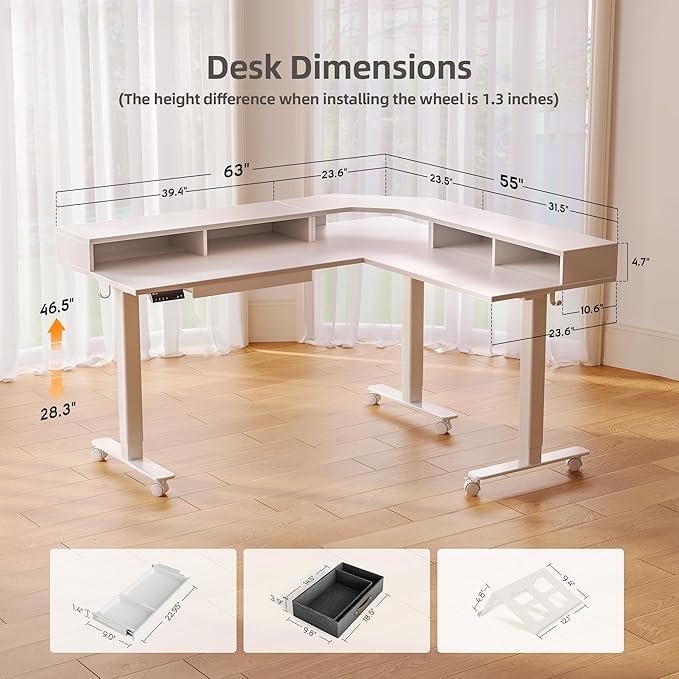 YDN Dual Motor 63" L Shaped Standing Desk with Drawers, Electric Height Adjustable Standing Desk with Monitor Stand & Splice Board, White Frame/White Top