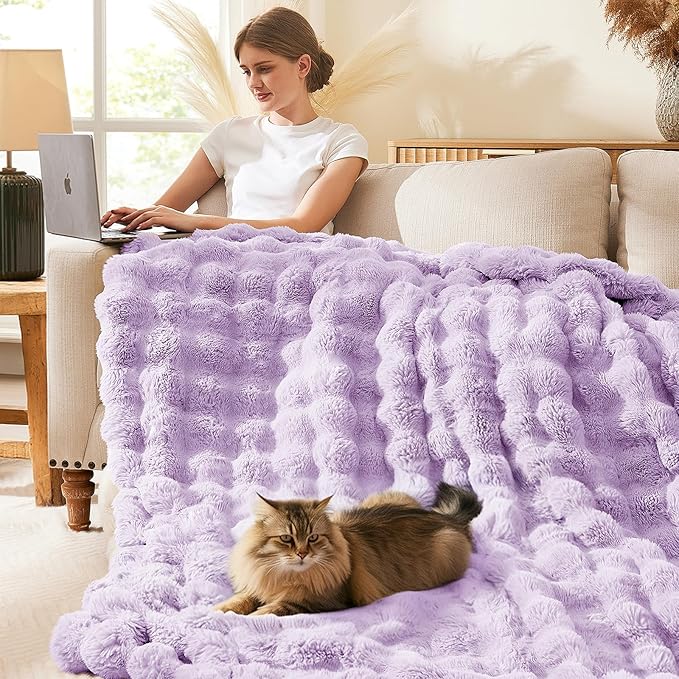 L'AGRATY Faux Fur Throw Blanket: 50" x 60" Luxury Soft Fluffy Rabbit Fur Blankets Twin for Couch Bed Sofa - Cozy Plush Bubble Blankets for Winter: Flannel Fleece Decorative Blanket(Purple)