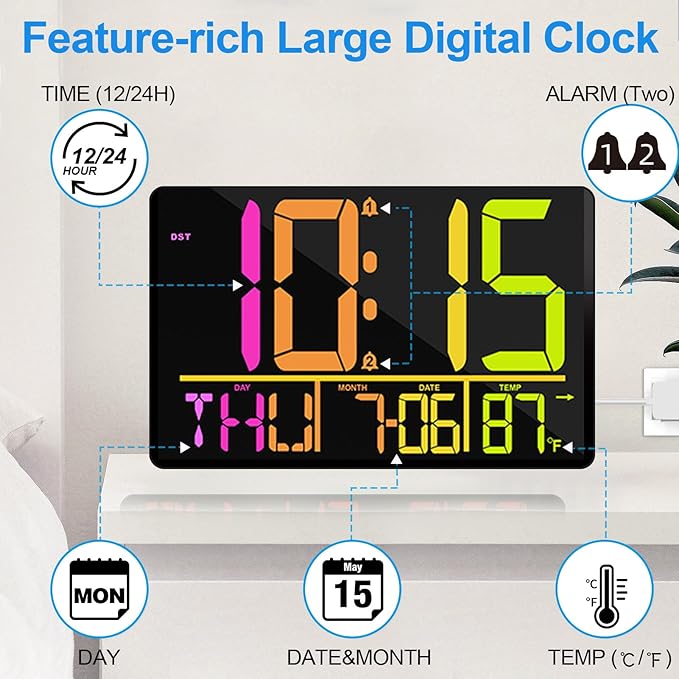 13" Large Digital Wall Clock with Remote, RGB Color Changing, 25 Ringtones, 0-100% Auto/Custom Brightness, Temperature, Calendar, 12/24H, DST, Timer, for Living Room/Bedroom/Office/Elderly
